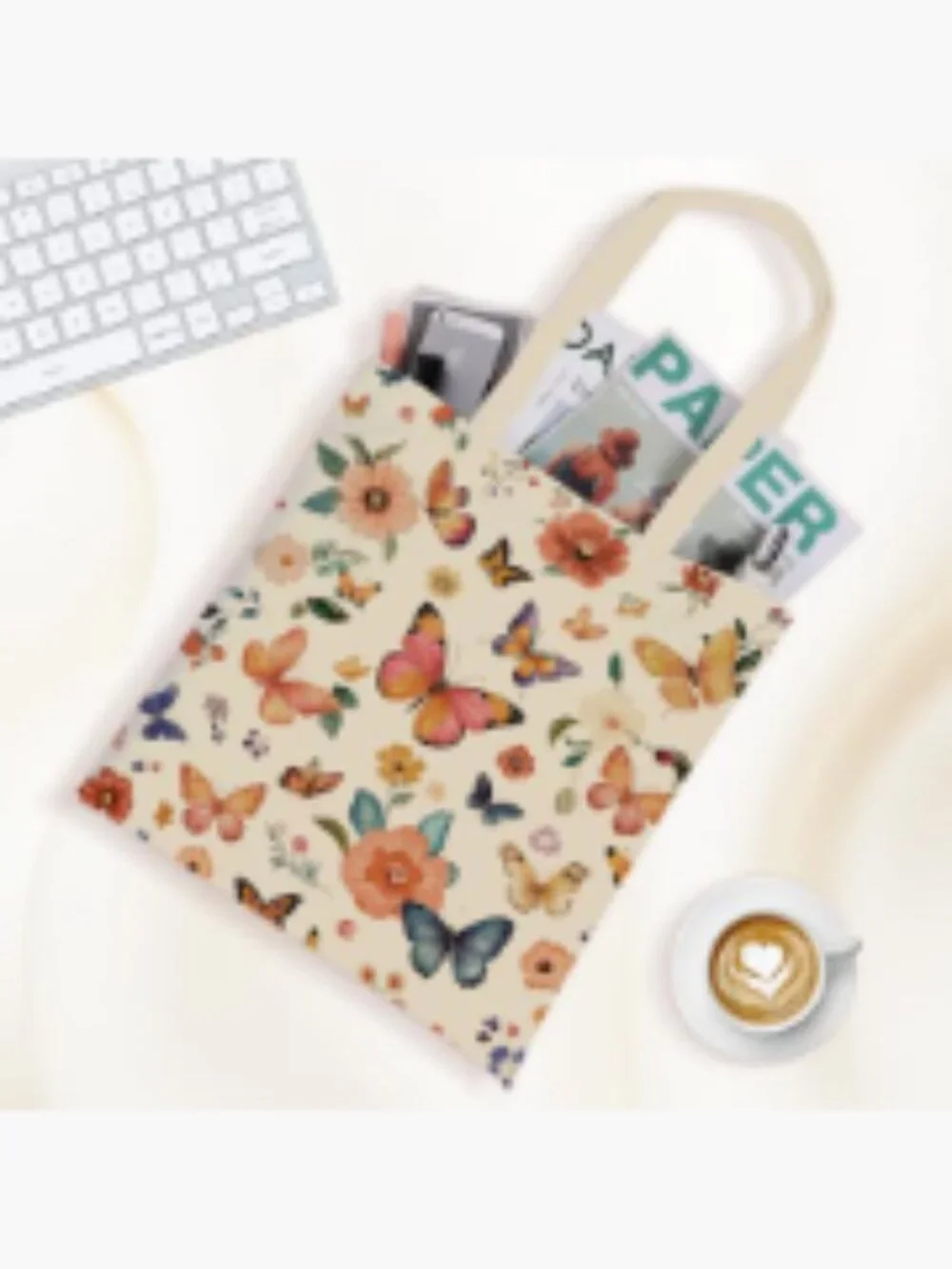 Canvas Tote Bag with Zipper Pocket - Butterfly Floral Reusable Shopping Bag